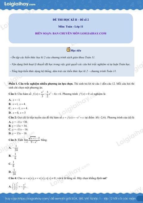 Đề thi học kì 2 Toán 11 - Đề số 2